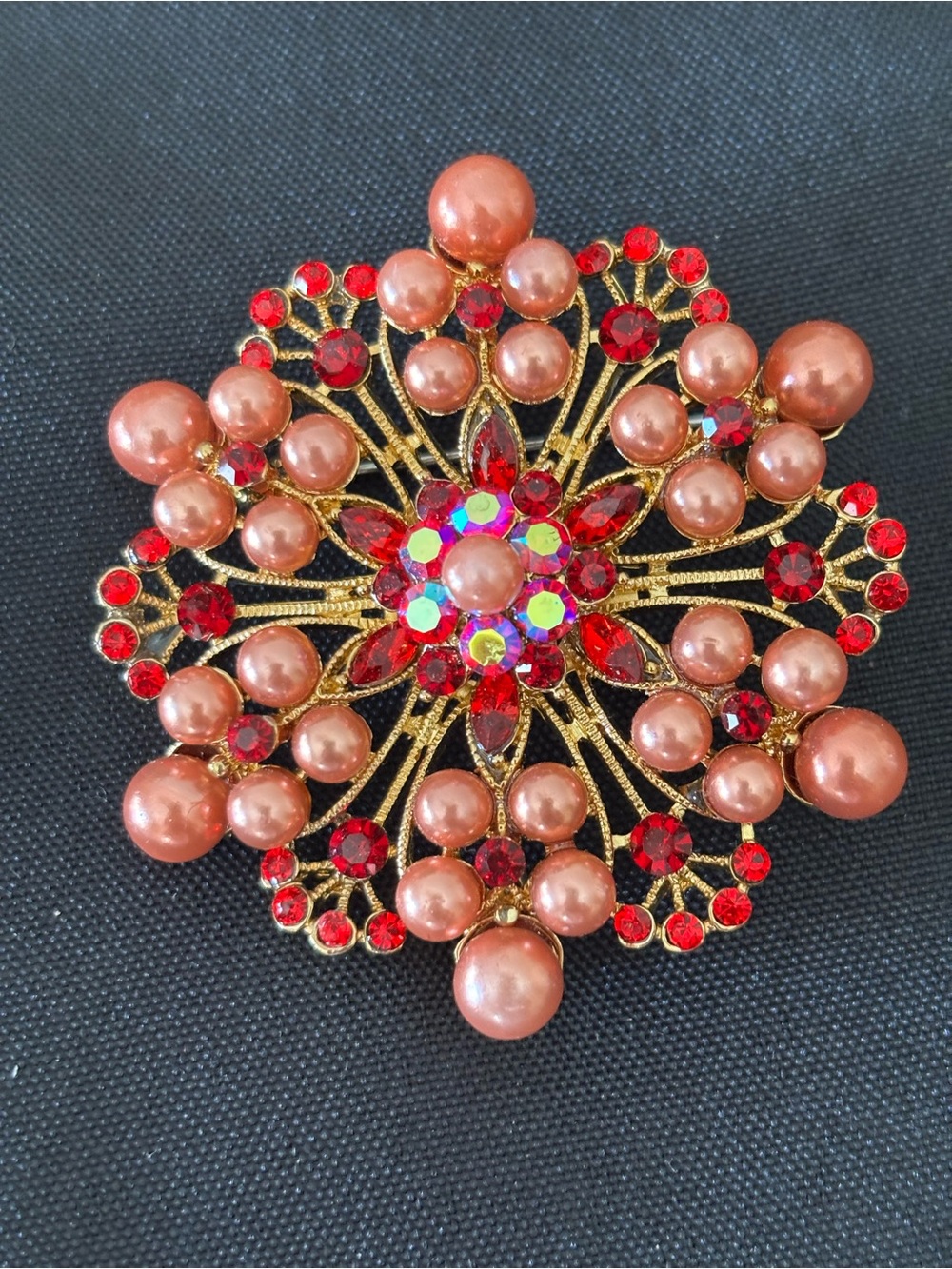 Vintage-Inspired Gold Tone Brooch with Copper Pearls & Red Crystals